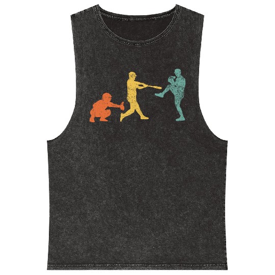 Baseball Catcher Pitcher Batter Vintage Mineral Wash Tank Tops
