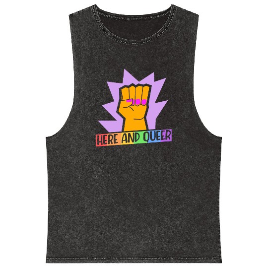 Here And Queer LGBTQ Community Rainbow Pride Month Mineral Wash Tank Tops