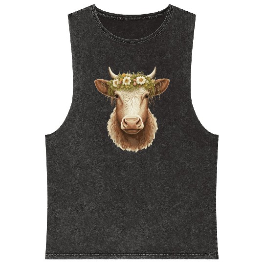 Flower Crown Cow Floral Farm Animal Pet Mineral Wash Tank Tops