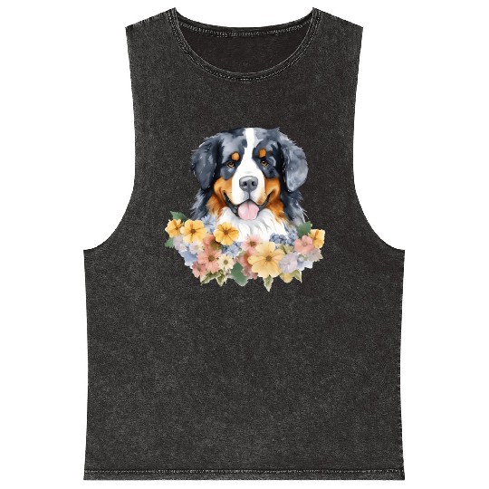 Bernese Mountain Dog Watercolor Floral Mineral Wash Tank Tops
