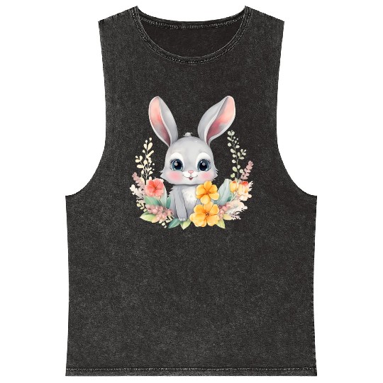 Grey Bunny Rabbit Watercolor Floral Mineral Wash Tank Tops