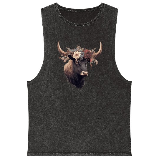 Cute Yak Flower Crown Yaks Floral Farm Animal Pet Mineral Wash Tank Tops