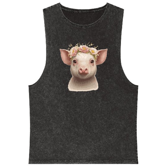 Cute Piglet Flower Crown Baby Pig Floral Farm Anim Mineral Wash Tank Tops