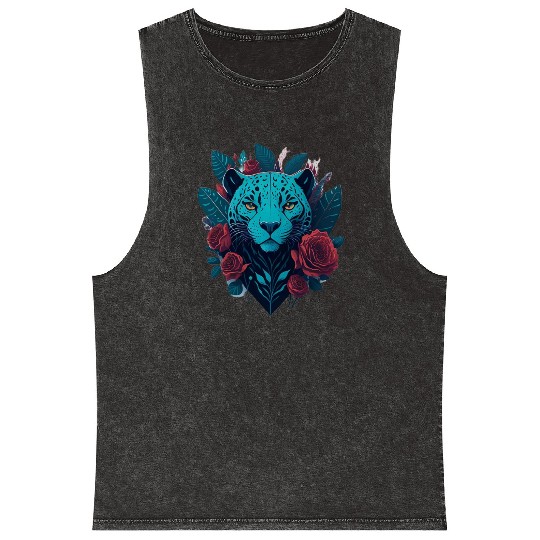 cute jaguar with red flowers Mineral Wash Tank Tops