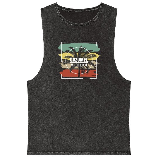 Cozumel Mexico Artistic Palm Tree Retro Mineral Wash Tank Tops