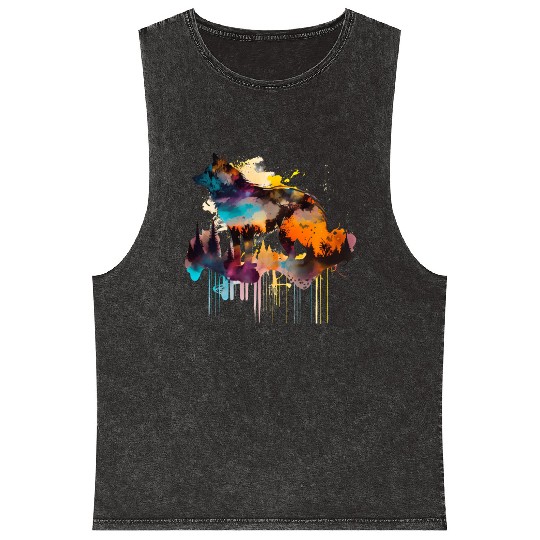 Mountain Wolf Multicolor Watercolor Portrait Mineral Wash Tank Tops