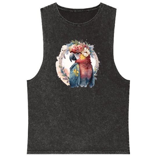 Watercolor Parrot Macaw Bird Flower Crown Pet Bird Mineral Wash Tank Tops