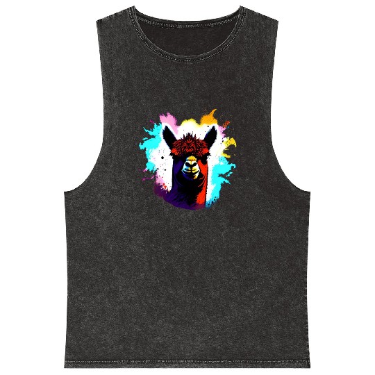 Cute Vintage Ink Splash Alpaca Retro Alpaca Farmer Mineral Wash Tank Tops