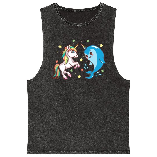 Cute Funny Horned Narwhal And Unicorn Friends Mineral Wash Tank Tops