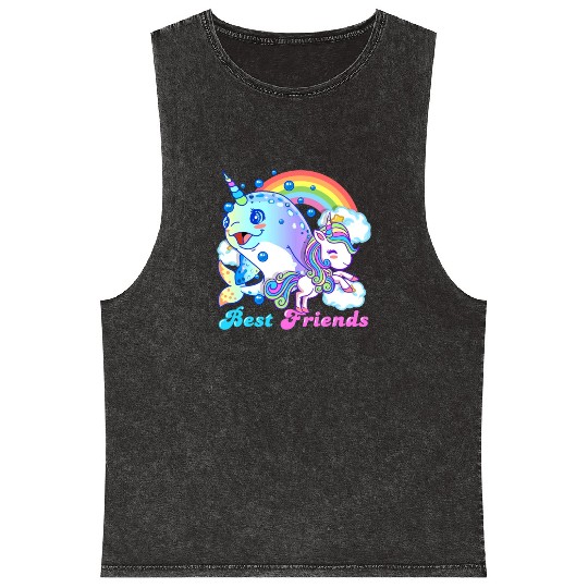 Cute Horned Narwhal And Unicorn Best Friends Mineral Wash Tank Tops