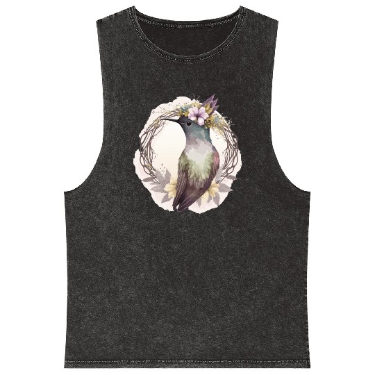 Watercolor Hummingbird Flower Crown Floral Birds Mineral Wash Tank Tops