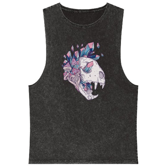 Crystal Cat Skull Mineral Wash Tank Tops