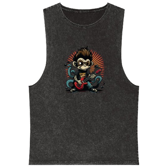 Monkey Chimpanzee Playing Acousitc Rock Guitar Mineral Wash Tank Tops