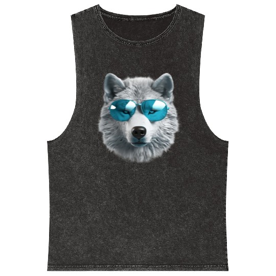 Grey Wolf Wearing Blue Sunglasses Wildlife Animal Mineral Wash Tank Tops