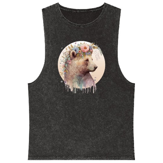 Brown Bear Watercolor Grizzly Bear Flower Crown Wi Mineral Wash Tank Tops