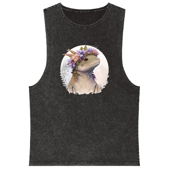 Watercolor Lizard Flower Crown Floral Reptile Love Mineral Wash Tank Tops