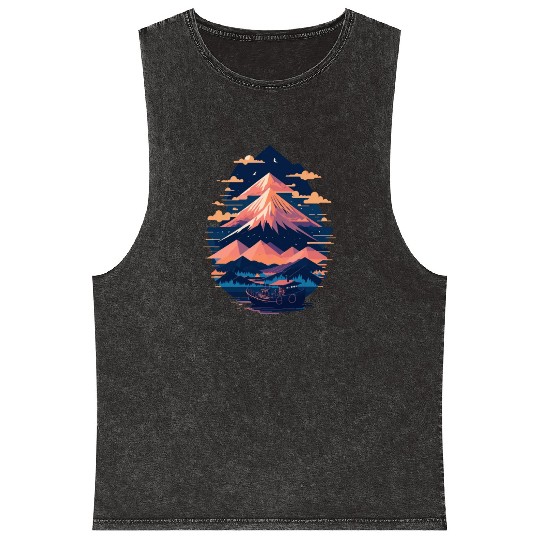 Serene Mount Fuji Sunset Peaceful River Scenery Mineral Wash Tank Tops