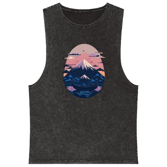 Serene Mount Fuji Sunset Peaceful River Scenery Mineral Wash Tank Tops