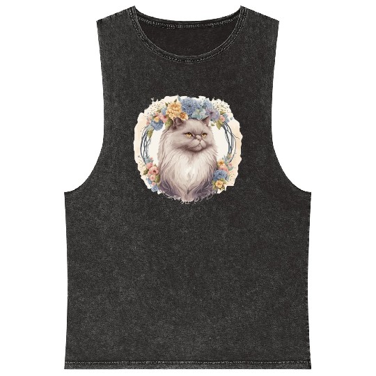 Cute Persian Cat Flower Crown Cats Pet Kitten Mineral Wash Tank Tops