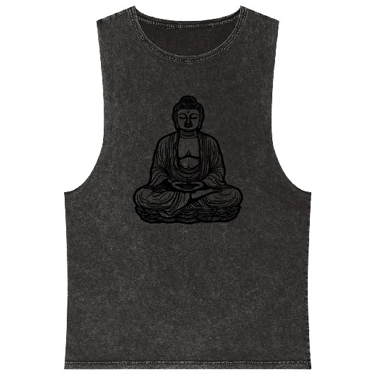 Far Eastern Buddha Lotus Meditation Tattoo Style Mineral Wash Tank Tops