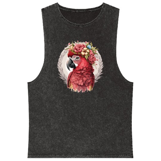 Scarlet Macaw Parrot Watercolor Bird Flower Crown Mineral Wash Tank Tops