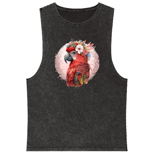 Red Scarlet Macaw Flower Crown Parrot Watercolor B Mineral Wash Tank Tops