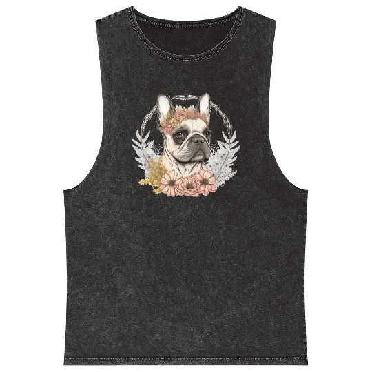 Cute French Bulldog Frenchie Flower Crown Pet Dog Mineral Wash Tank Tops