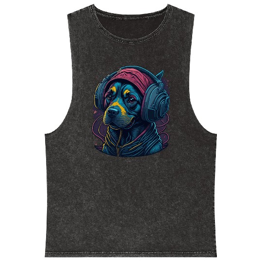 Cute Rottweiler Dog Wearing Headset for Gamer Mineral Wash Tank Tops