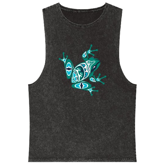 Native American Indian Style Frog Pacific Northwes Mineral Wash Tank Tops