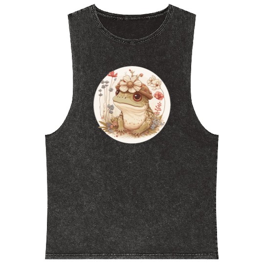Cottagecore Cute Frog Toad Flower Crown Dark Acade Mineral Wash Tank Tops