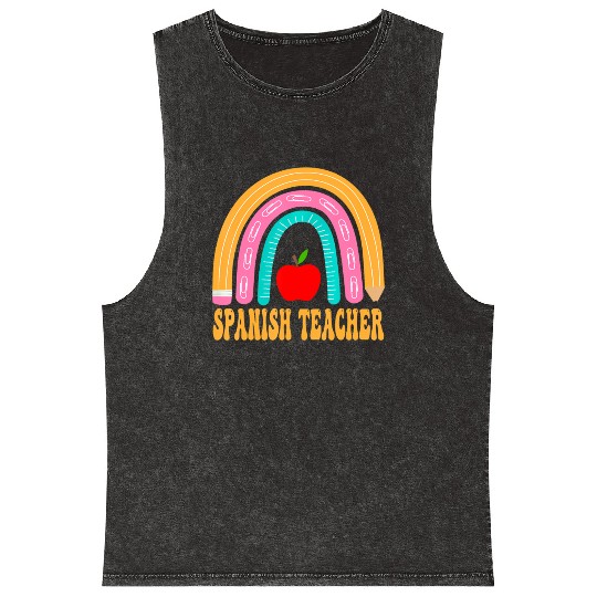 Spanish Teacher Rainbow Pencil Back To School Appr Mineral Wash Tank Tops