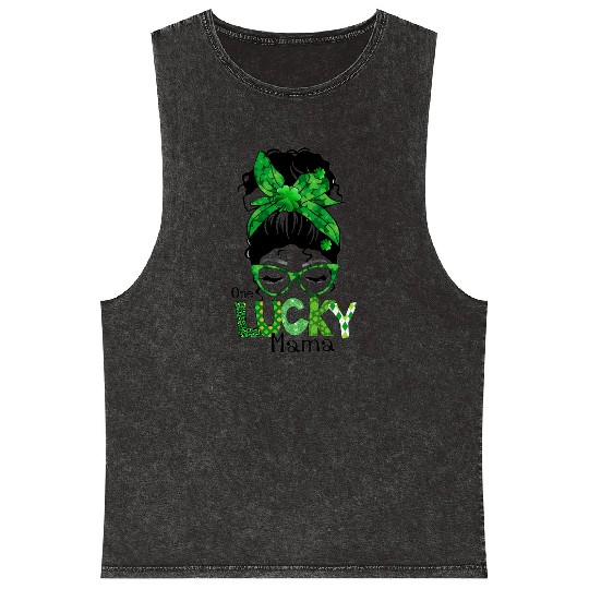 Lucky Mama Messy Bun Leopard Shamrock St Mineral Wash Tank Tops