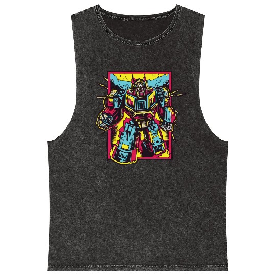 Red Mineral Wash Tank Tops Retro Style 90s Cartoon Comic Hero Robot