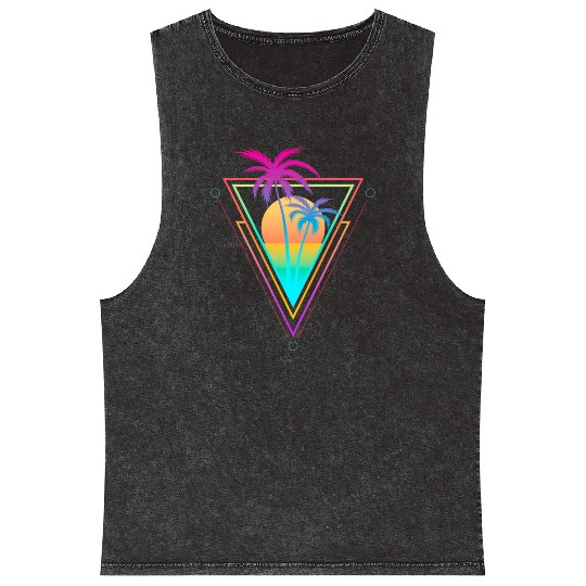 1980S 1990S Vaporwave Palm Trees Sunset Beach Surf Mineral Wash Tank Tops