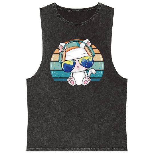 Hip Hop Music Dj Cat Kitty With Earphone Pet Mineral Wash Tank Tops