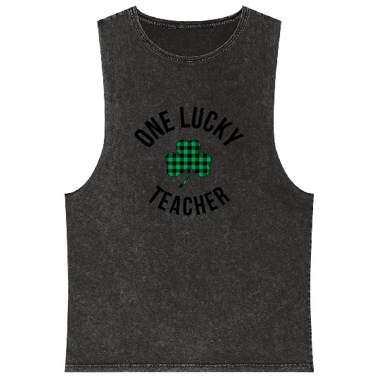 One Lucky Teacher Buffalo Plaid Green Shamrock Mineral Wash Tank Tops