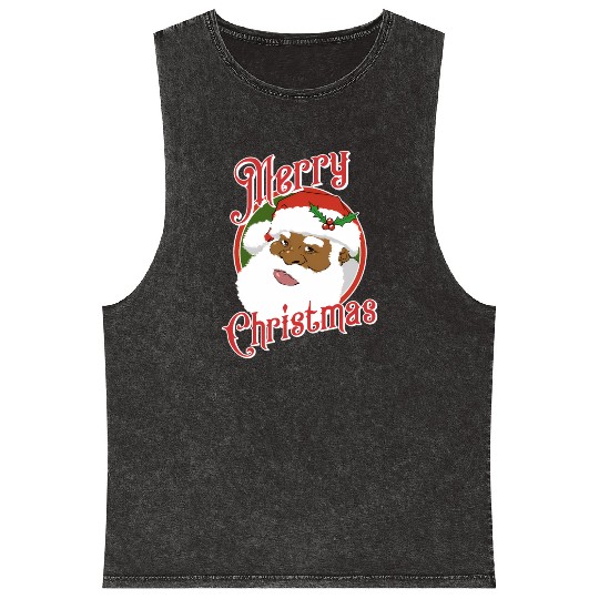 Black Merry African American Santa Claus Mineral Wash Tank Tops
