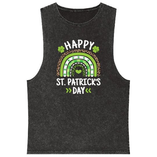 Happy St Patric Day Leopard Print Rainbow Mineral Wash Tank Tops