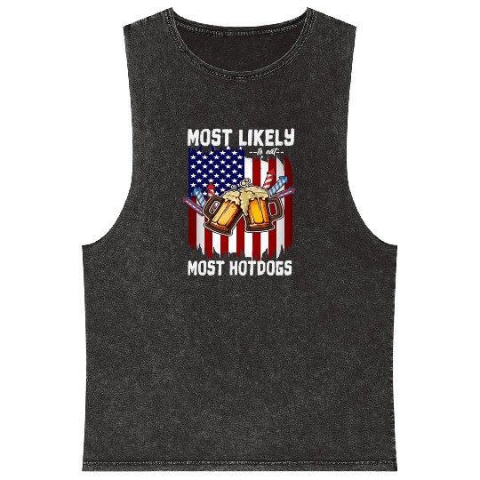 4th Of July Party Most Likely To Eat Hotdogs Mineral Wash Tank Tops