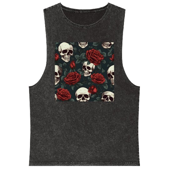 Dark Elegant Gothic Pattern Skulls & Red Roses Mineral Wash Tank Tops