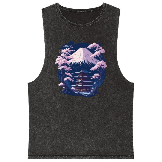 Mount Fuji and a Temple With Cherry Blossoms Mineral Wash Tank Tops