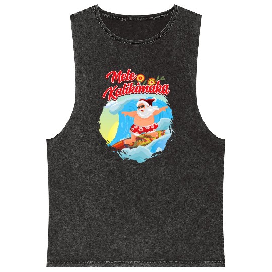 In July Santa Surfing Mele Kalikimaka Mineral Wash Tank Tops