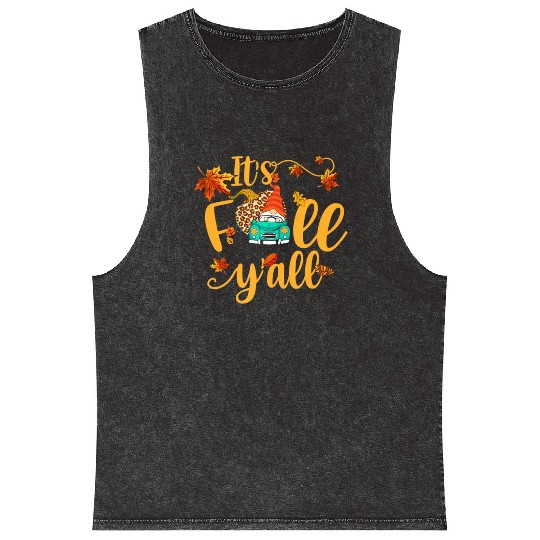 Autumn Gnome It's Fall Y'all Pumpkin Yellow Leaf Mineral Wash Tank Tops