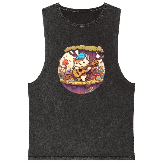 Cute Kawaii Cat Playing Guitar Banjo On Log Mineral Wash Tank Tops