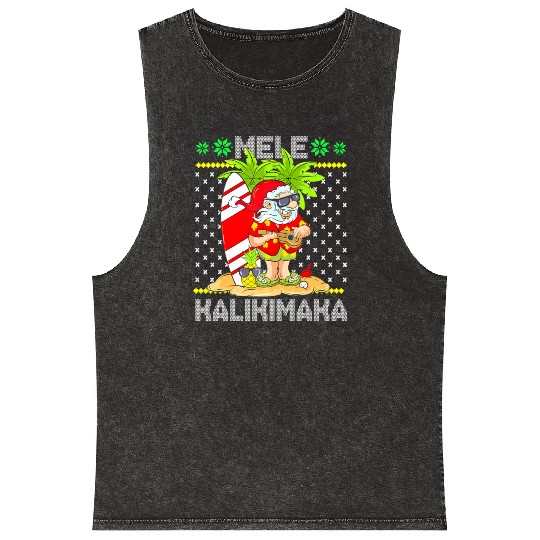 Mele Kalikimaka Santa Claus Surfer Guitar Mineral Wash Tank Tops