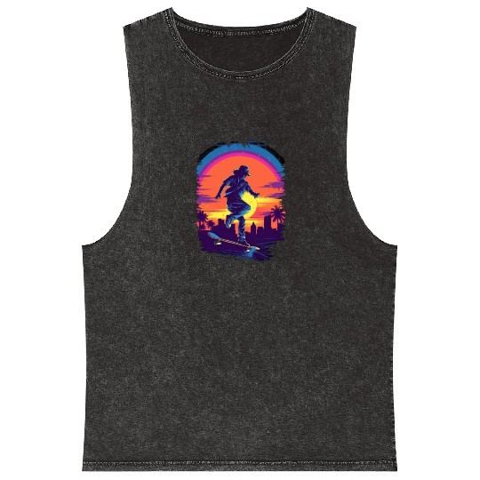 Skateboarding Skateboarder Skater Sunset Retro Mineral Wash Tank Tops