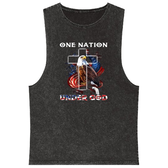 One Nation Under God Jesus Usa Cross Bald Eagle Mineral Wash Tank Tops