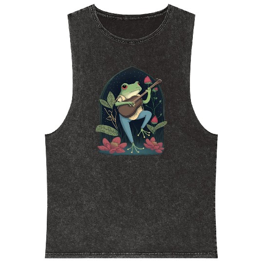 Cottagecore Aesthetic Frog Playing Banjo Mineral Wash Tank Tops