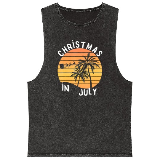 Christmas In July Santa Sledge Sunset Palm Summer Mineral Wash Tank Tops