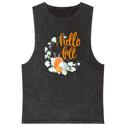 Hello Fall, Autumn leaves, Pumpkins and fall Mineral Wash Tank Tops